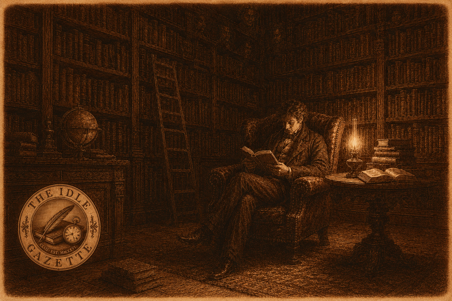 Sanguine engraving of a man reading alone by lamplight in a floor-to-ceiling library, with The Idle Gazette seal in the lower left.