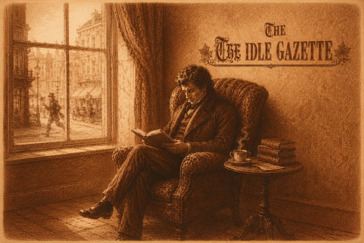 Sanguine engraving of a man reading in an armchair beside a window overlooking a 19th-century city street, with The Idle Gazette masthead in the upper right.